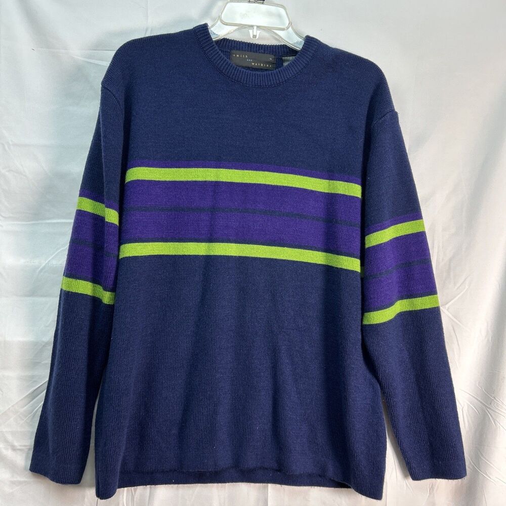 Smith and Watkins Navy Blue Striped Quarter Zip Knit Sweater Mens Large Vintage